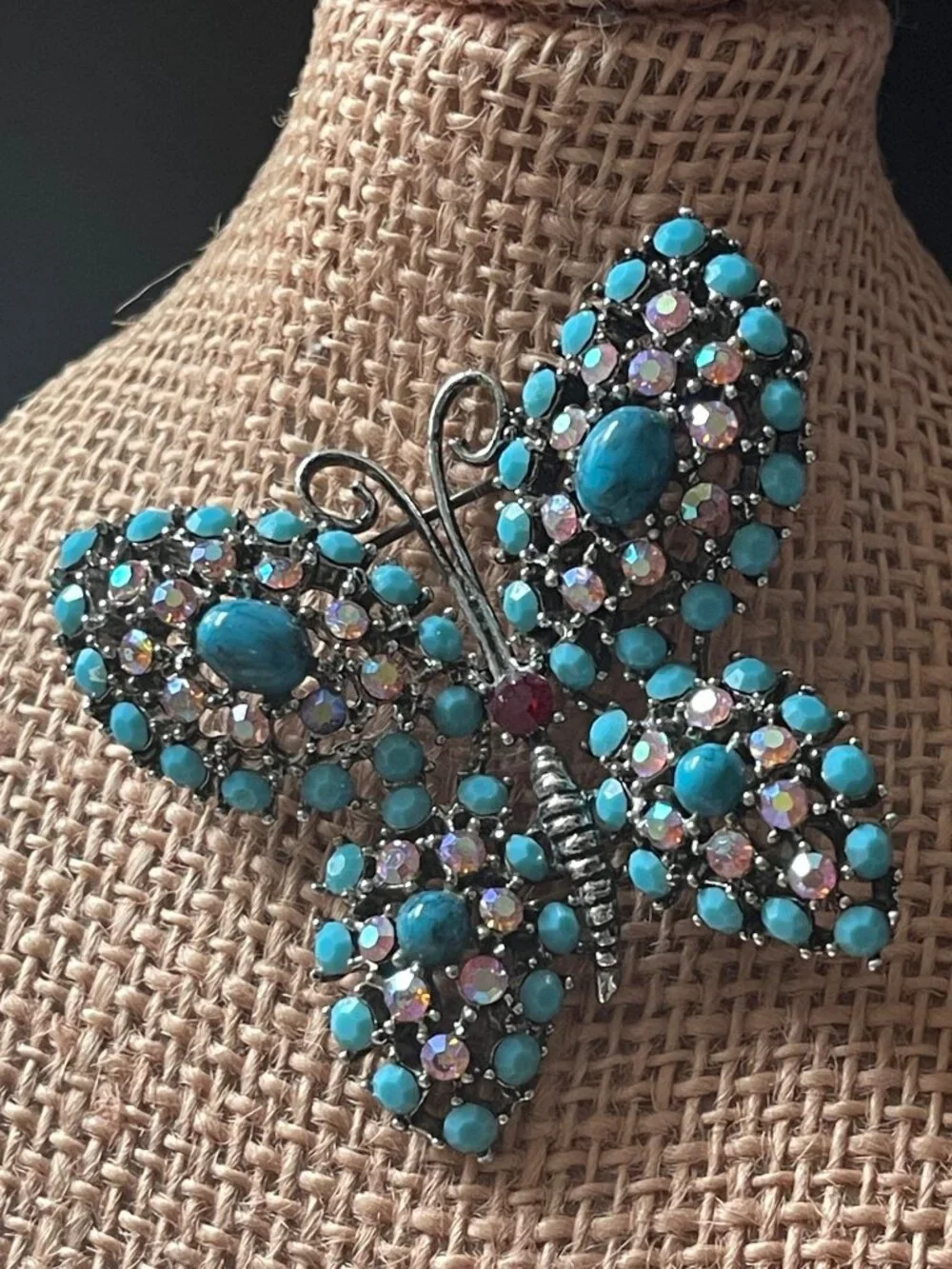 VTG Weiss Bejeweled Butterfly Brooch Turquoise Cabochons & Rhinestones 3.5